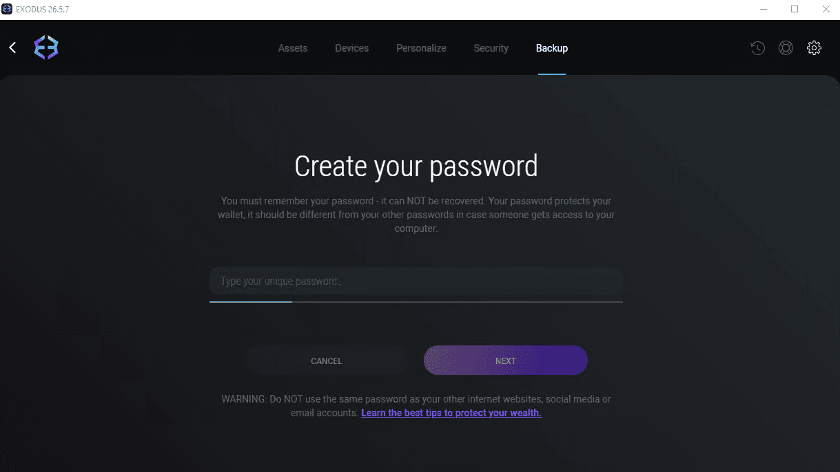 Exodus Create your password screen