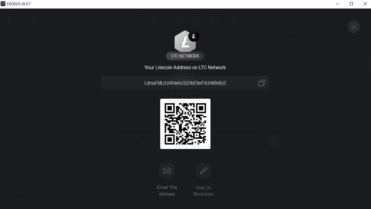 Exodus Receive screen showing the Litecoin address and QR code