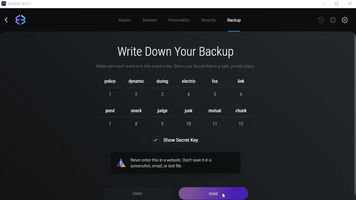Exodus 12-word secret key backup screen