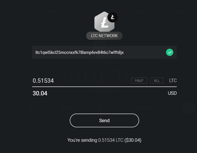Exodus Send screen with destination address and amount filled in