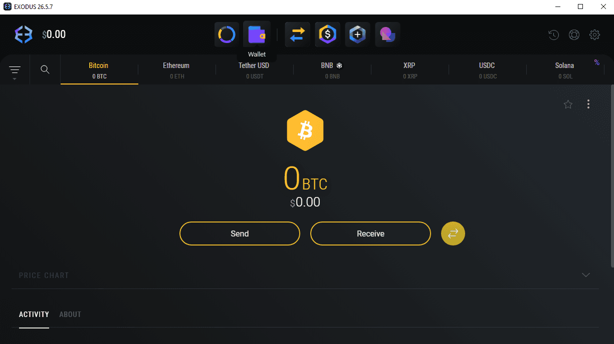 Exodus Wallet tab with Bitcoin selected, showing balance and Send/Receive buttons