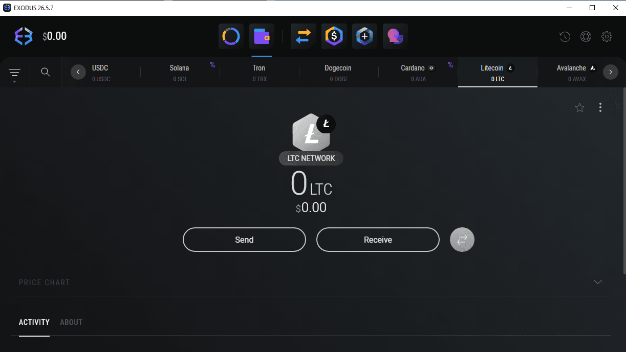 Exodus Wallet tab scrolled to show Litecoin
