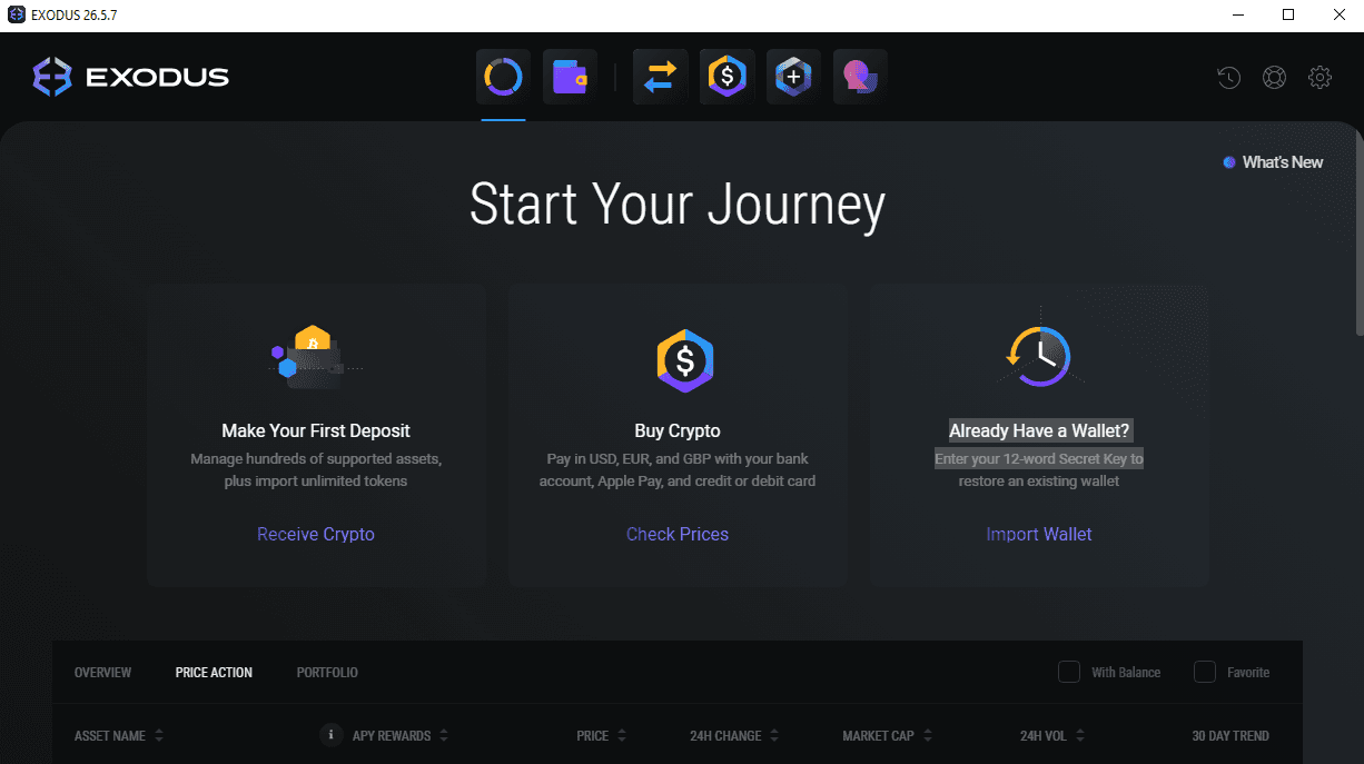 Exodus welcome screen showing Make Your First Deposit, Buy Crypto, and Already Have a Wallet options